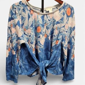 Anthropologie Meadow Rue Top Linen Cotton Watercolor Floral Tie Front Blue LP L